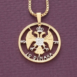 Yugoslavian Pendant and Necklace, Yugoslavia 10 Dinara Coin Hand Cut, 14 Karat Gold and Rhodium Plated, 7/8&quot; in Diameter, ( #X 856 )