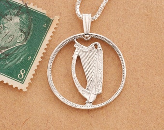 Sterling Silver Irish Harp Coin Pendant: Hand Cut Shilling Jewelry