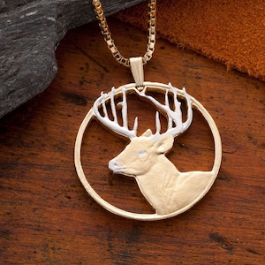 White Tail Deer Pendant & Necklace, Hand Cut White Tail Deer, 14 Karat Gold and Rhodium Plated, 1 1/2&quot; in diameter, ( #X 802 )