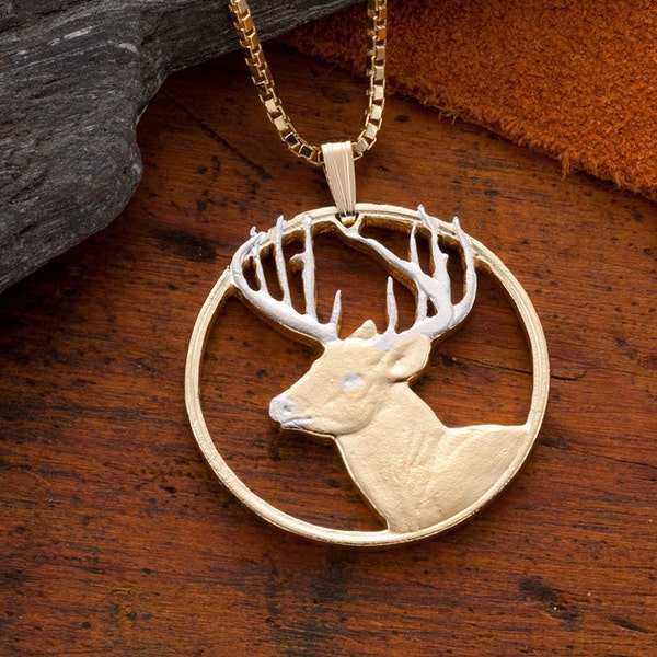 White Tail Deer Pendant & Necklace, Hand Cut White Tail Deer, 14 Karat Gold and Rhodium Plated, 1 1/2" in diameter, ( #X 802 )