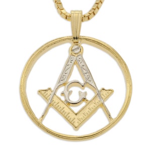 Masonic Emblem Pendant and Necklace, Masonic Medallion Hand Cut, 14 Karat Gold and Rhodium Plated, 1 in Diameter, X 886 image 2