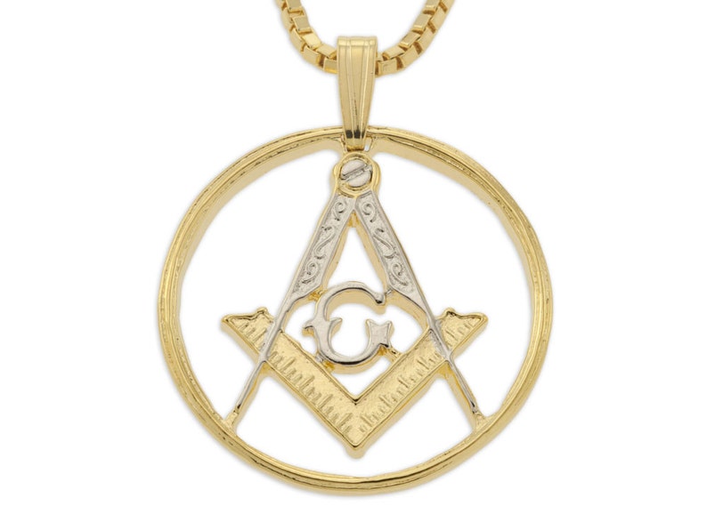 Masonic Emblem Pendant and Necklace, Masonic Medallion Hand Cut, 14 Karat Gold and Rhodium Plated, 1 in Diameter, X 886 image 2