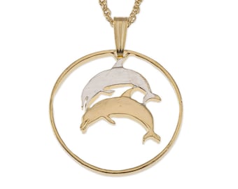 Dolphin Pendant and Necklace Jewelry, Iceland Dolphin Coin Hand Cut, 14 Karat Gold and Rhodium Plated, 7/8 " in Diameter ( #R 176 )