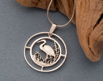 Sterling Silver Egret Pendant, Silver Tropical Bird Jewelry, Hand Cut Silver Tropical Bird Pendant, 1" in Diameter, ( #K 804S )