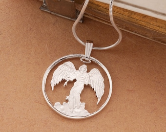 Hand Cut Sterling Silver Guardian Angel Pendant Necklace (1" Diameter)