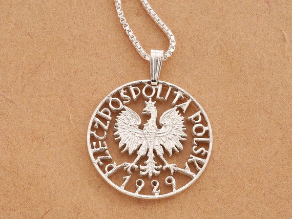 Silver Polish Eagle Pendant and Necklace, Hand Cut Polish Eagle Coin, Sterling Silver Polish Eagle Jewelry, 7/8 Diameter, ( #X 257S )