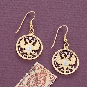 Russian Imperial Eagle Earrings, Russian 15 Kopeks, coin Hand Cut, 14 K Gold and Rhodium plated, Gold Filled Wires 3/4&quot; in Dia., ( # 269E )