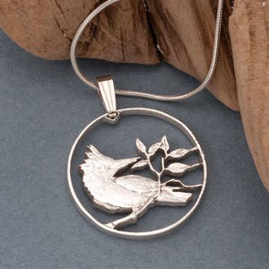 Sterling Silver Kingfisher Pendant, Hand Cut British Virgin Islands 10 Cents Coin, 7/8&quot; in Diameter ( #K 45S )