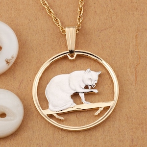 Hand Cut Isle Of Man Cat Coin Pendant: 14K Gold & Rhodium