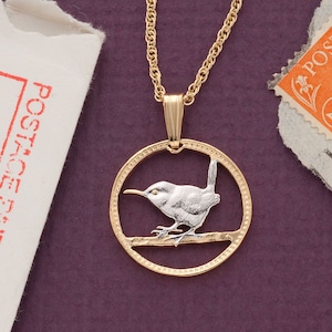 Great Britain ( Wren ) Farthing Pendant and Necklace British Farthing Hand Cut 14 Karat Gold and Rhodium Plated 3/4&quot; in Diameter( # R 127 )