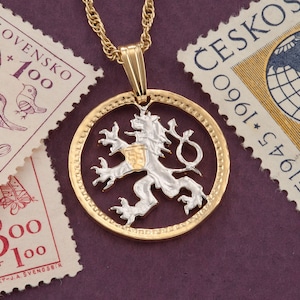 Czech Lion Coin Pendant Necklace: 14K Gold & Rhodium Plated