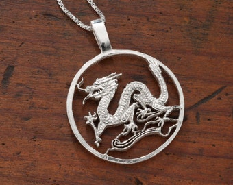 Sterling Silver Dragon Pendant, Hand Cut Sterling Silver Dragon, Mythical Jewelry, 1 3/8" in Diameter, ( #X 486S )