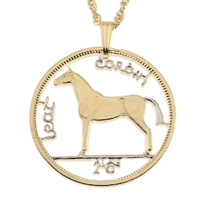 Ireland Horse Pendant and Necklace, Ireland Half Crown Coin Hand Cut, 14 Karat Gold and Rhodium Plated , 1 1/4 &quot; in Diameter, ( #R 173 )