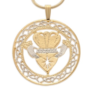 Irish Claddagh Pendant and Necklace, Ireland Claddagh Medallion Hand Cut, 14 Karat Gold and Rhodium Plated, 1 1/8&quot; in Diameter, ( #K 835 )