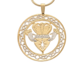 Irish Claddagh Pendant and Necklace, Ireland Claddagh Medallion Hand Cut, 14 Karat Gold and Rhodium Plated, 1 1/8&quot; in Diameter, ( #K 835 )