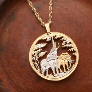 Elephant Pendant & Necklace, Zambia Coin Hand Cut Elephant Jewelry, ( # 862 )