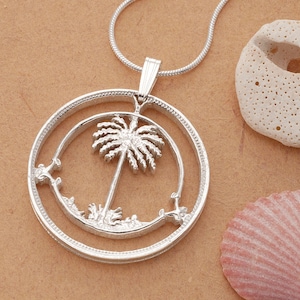Sterling Silver Palm Tree Pendant, Silver Palm Tree Jewelry, Hand Cut Coin Jewelry, Palm Tree Pendant, 1 1/8&quot; in Diameter, ( #K 834S )