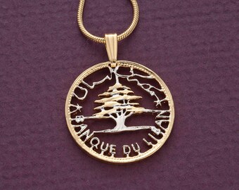 Lebanese Cedar Tree Coin Pendant: 14K Gold & Rhodium Necklace