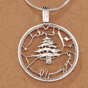 Sterling Silver Lebanese Cedar Tree Pendant, 10 Piastres Coin, Hand cut, 7/8&quot; in Diameter, ( # K 229S )