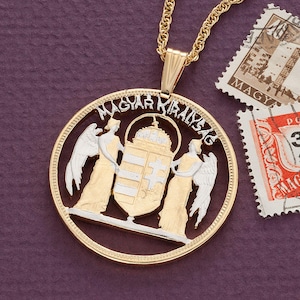 Hungarian Pendant and Necklace, Hungarian 5 Pengo St Stevens Coin hand Cut, 14 Karat Gold & Rhodium Plated, 1 3/8&quot; in Diameter ( # R 807 )