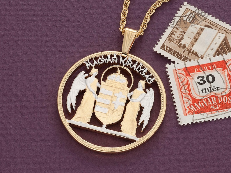 Hungarain Pendant and Necklace Hungarian 5 Pengo St Stevens Coin hand Cut # 807 14 Karat Gold and Rhodium Plated 1 38 in Diameter