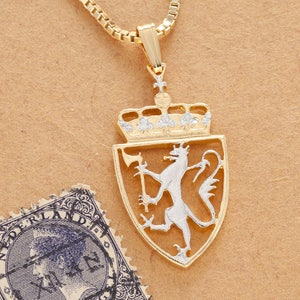 Norway Coat of Arms, Norway Lion Pendant, Norway 10 Kroner coin Hand cut, 1&quot; in Diameter, ( # X 447B )