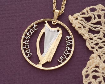 Irish Harp Coin Pendant: 14K Gold & Rhodium Plated Necklace
