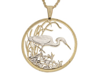 Slatey Egret Pendant and Necklace, Botswana Egret Coin Hand Cut, 14 Karat Gold and Rhodium Plated, 1 1/2 " in Diameter, ( #R 563 )