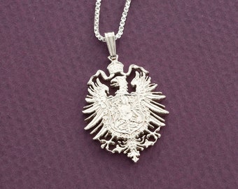 Silver German Eagle Pendant , Hand cut German five mark coin , German Coin Jewelry, 1 1/8" diameter, ( #X 880S )