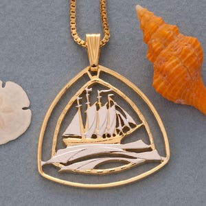 Clipper Sailboat Pendant, Hand Cut Bermuda Three Dollar Nautical Coin, 14 Karat Gold and Rhodium Plated, 1 1/4&quot; in Diameter,( #X 936 )