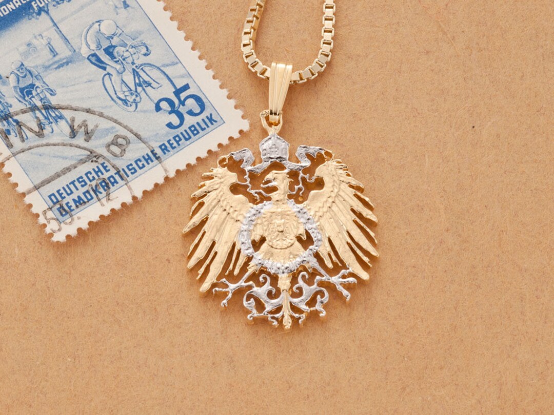 German Eagle Pendant Necklace: Hand Cut Coin, 14K Gold Plated