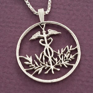 Medical Emblem Pendant, Medical Jewelry, Caduceus Necklace, Medical Emblem Necklace, Medical Gift Ideas, Cut Coin Jewelry, ( #X 831S )