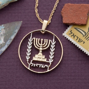 Israeli Menorah Pendant and Necklace Jewelry, Israel 1/2 Lirot Menorah Coin Hand Cut, 14 Karat Gold and Rhodium Plated, ( # R 188 )