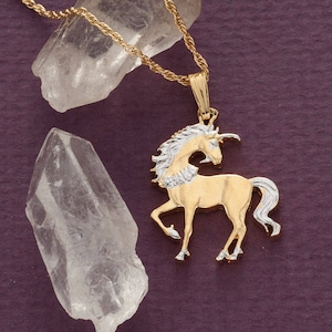Hand Cut Chinese Unicorn Coin Pendant: 14K Gold & Rhodium Plated Necklace