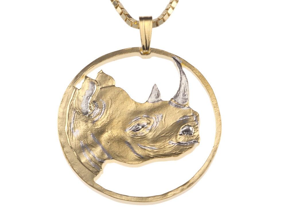 Rhinosaurus Pendant and Necklace, Rritrea African Rhino Coin Hand