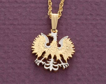 Polish Eagle Pendant and Necklace, Polish Twenty Zloty Coin Hand cut, 14 Karat Gold and Rhodium plated, 5/8&quot; in Diameter, ( # R 254 )