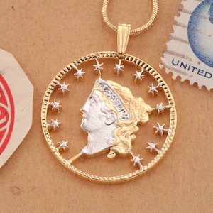 Colar com pingente Lady Liberty, joias com moedas dos Estados Unidos, joias patrióticas, joias com moedas, joias com moedas do mundo, (#K 507)