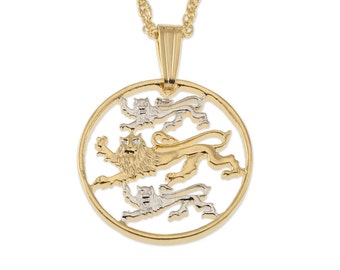 Estonia Pendant and Necklace Jewelry, Estonia Two Senti Coin Hand Cut, 14 Karat Gold and Rhodium plated, 3/4" in diameter, ( # R97 )