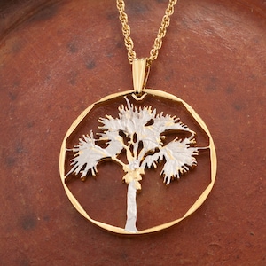 Gold Plated Palm Tree Pendant: Seychelles Cut Coin Jewelry