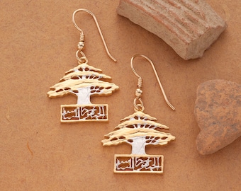 Lebanese Cedar Tree Earrings: 14K Gold & Rhodium Plated Coin Jewelry