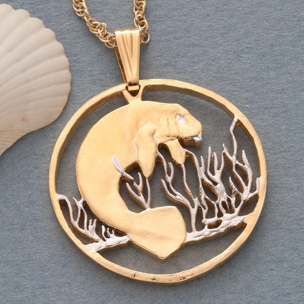 Manatee Pendant and Necklace Jewelry, Costa Rica Manatee Coin Hand Cut, 14 K and Rhodium Plated, 1 1 /4 " In Diameter, ( #R 378 )