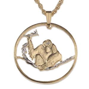 Orangutan Pendant and Necklace, Vietnam Orangutan Coin Hand Cut, 14 Karat Gold and Rhodium plated, 1 1/8&quot; in Diameter, ( #R 403 )