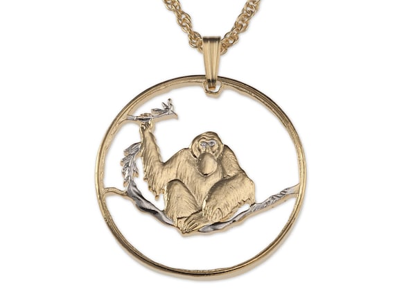 Orangutan Pendant and Necklace Vietnam Orangutan Coin Hand Cut 14 Karat Gold and Rhodium Plated 1 1 8 in Diameter R 403 Etsy Canada