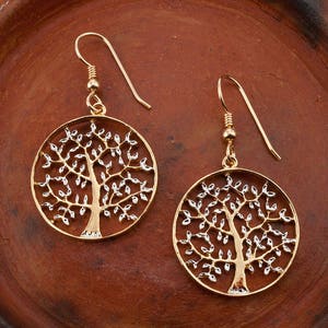 Tree Of Life Earrings,Hand Cut Tree Of Life earrings,plated with 14 Karat Gold and Rhodium,1&quot; in Diameter, ( # 912E )