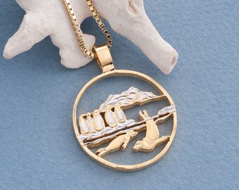 Penguins and Seals Pendant and Necklace, Isle Of Man Coin Hand Cut, 14 Karat  Gold and Rhodium plated, 1 1/8 " In Diameter, ( #X 641 )