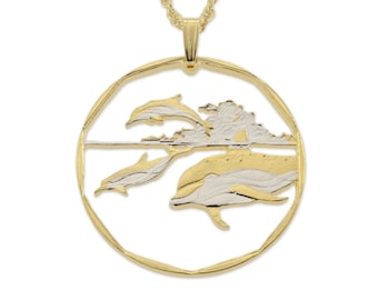 Common Dolphin Pendant and Necklace, Marshall Island Dolphin Coin Hand Cut, 14 Karat Gold and Rhodium Plated, 1 3/8" in Diameter,( #R 406 )