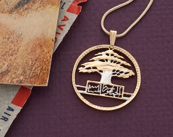 Lebanese Cedar Tree Pendant, 50 Piastres Coin hand Cut, 1" in Diameter, ( #K 608 )