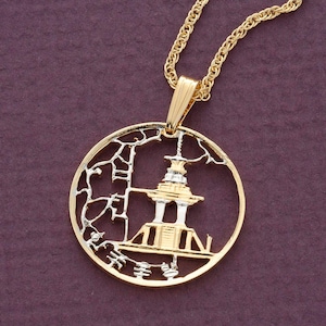 Korean Pendant and Necklace Jewelry, Korean 10 Won Coin Hand Cut, 14 Karat Gold and Rhodium plated, 7/8 &quot; in Diameter, ( # R222 )