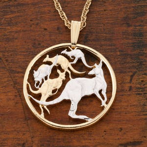 Kangaroo Pendant and Necklace, Australian One Dollar Kangaroo Coin hand Cut, 14 Karat Gold and Rhodium Plated, 3/4" in Diameter, ( #R 784 )