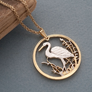 Heron Pendant and Necklace, Russian Wildlife series Bird Coin Hand Cut, 14 Karat Gold and Rhodium Plated, 1 1/4&quot; in Diameter, ( # 494 )